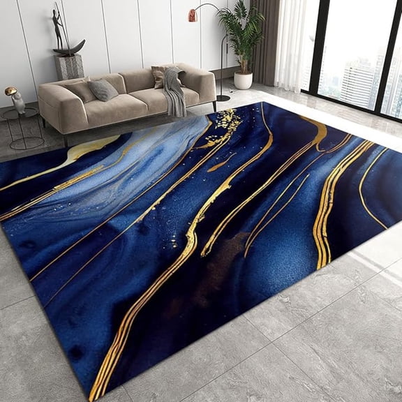 Modern Abstract Marble Area Rugs, Golden Lines Dark Blue Luxury Art Rugs For Bedroom, Carpet Mat Wear-Resistant And Non-Slip Apply To Living Room Study 1x2ft