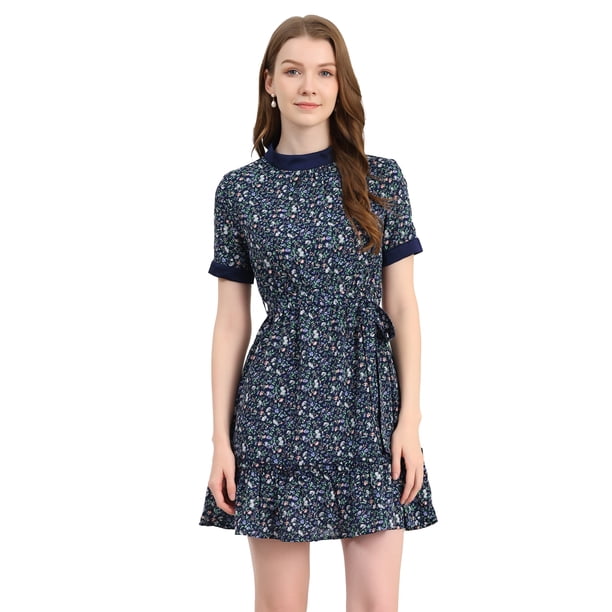 INSPIRE CHIC Vestido Floral De Mujer Gasa Con Volantes Ribete Lazo En La Cintura Elegante Verano Vestidos Hasta La Mitad Del Muslo Azul oscuro L