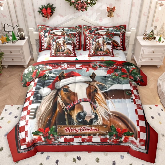 Homewish Farmhouse Horse Twin Bedding Sets 7-Piece for Female Men Teens,Geometric Plaid Bedding Comforter Set Microfiber,Merry Christmas Breathable Sheet Sets,Super Cozy Room Decor,Reversible