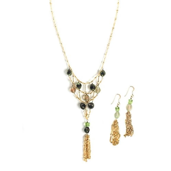 Handcrafted Glass Bead Tassel Necklace and Earring Set - 30 Inch Long Statement Jewelry Necklace Earring Gold