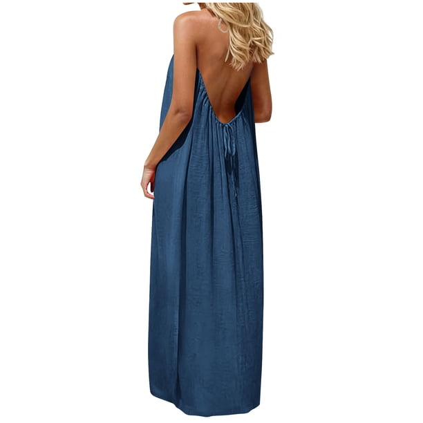 TaTaai Women's Halter Neck Backless Maxi Dress Loose Fit Sleeveless Ankle Length Solid Loungewear for Home Casual Summer Beach Vacation Gift