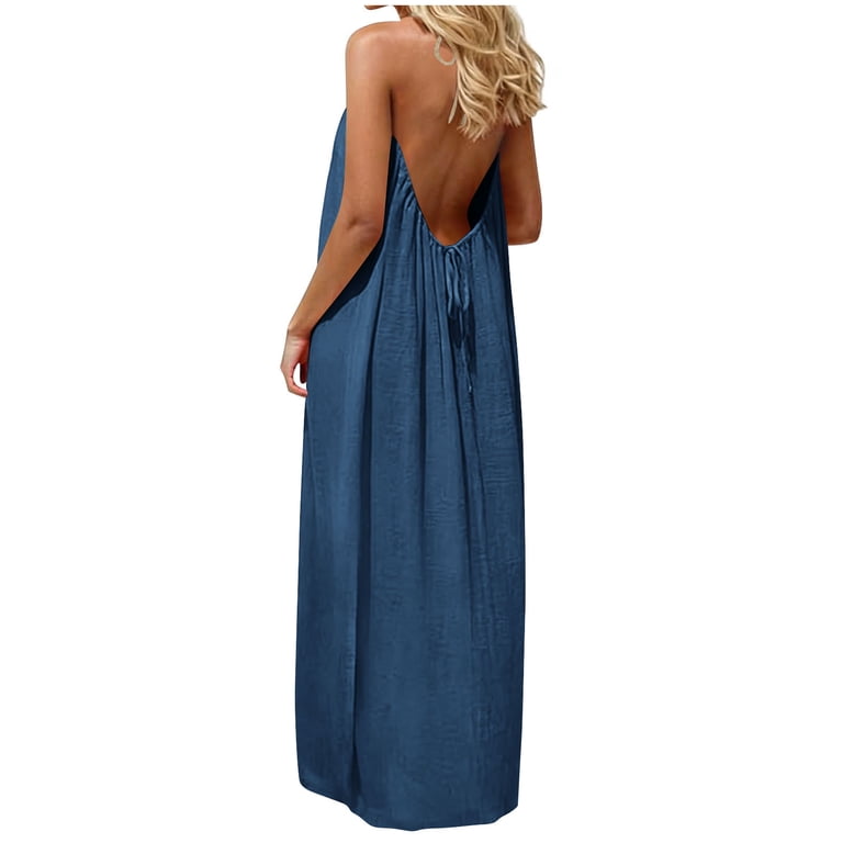 Xdegoge Women's Sleeveless Backless Drawstring Maxi Dress Long Flowing Silhouette Lightweight Linen-Style Summer Beach Vacation Sundress