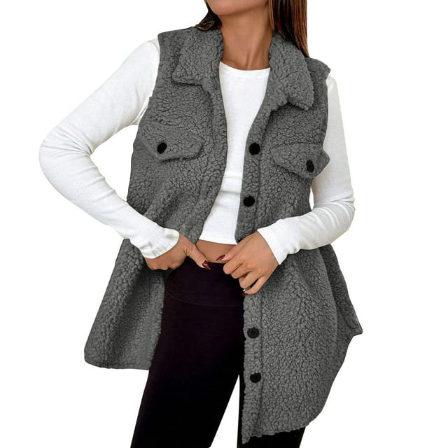 Hauts Décontractés pour Femmes, Débardeur/cardigan en Molleton à Boutons et Col Rabattu, Coupe Régulière, Couleur Unie, Ample