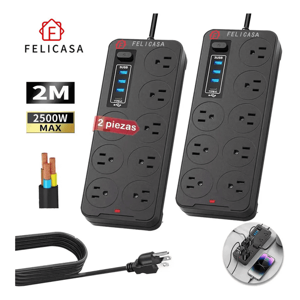 2 Piezas Multicontactos Usb 2500w Cable De Cobre De 2 Metros Con 8 Salidas+3 Usb+1 Tipo C Xtellar negro