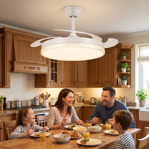 XYJBHB 42-Inch Retractable Ceiling Fan Light (with Remote Control) featuring a 6-Speed ​​Reversible DC Motor and Dimmable LED (3000K–6500K); Suitable for Living Rooms and Bedrooms — White.