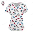 thumbnail image 2 of Cartoon Color Blocking Hello Kitty Printed Nurse Scrubs Women Nurse Uniform V-neck Clinic Uniform Hospital Spa T-shirt, 2 of 5