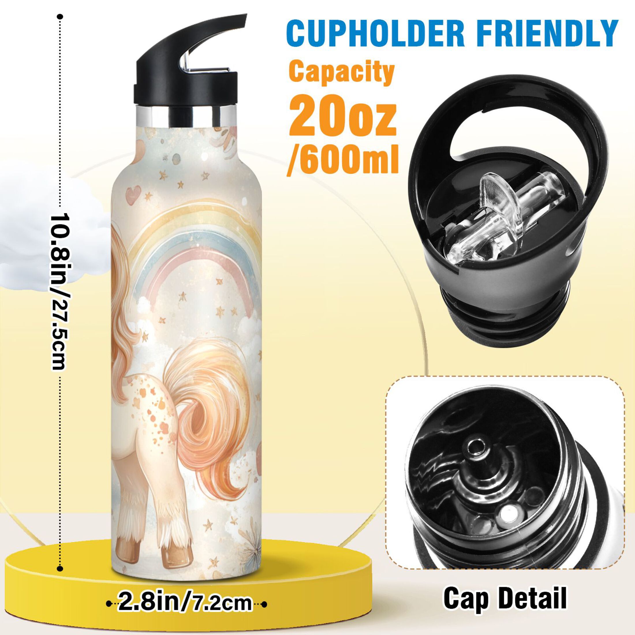 Kids Insulated Stainless Steel Sports Water Bottle 600ml (20oz) Pastel-colored Unicorn