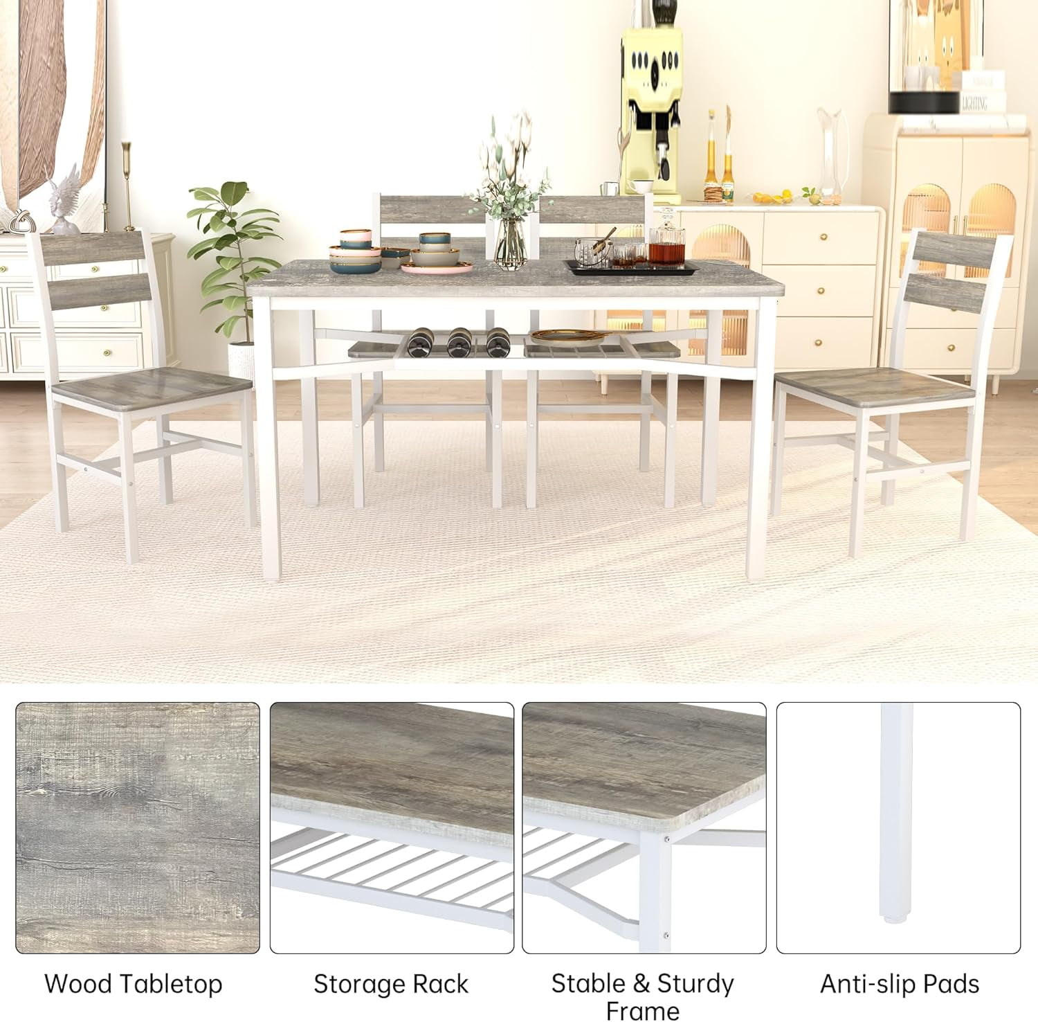 LinkRomat Dining Table Set for 4, Farmhouse Kitchen Table with 4 Wood Chairs, Dining Room Set for Breakfast Nook, Small Places, Restaurant, Gray