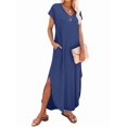 thumbnail image 3 of Summer Casual Maxi Dresses for Women V Neck Cap Sleeve Long Sundress with Pockets Beach Vacation Navy L, 3 of 8