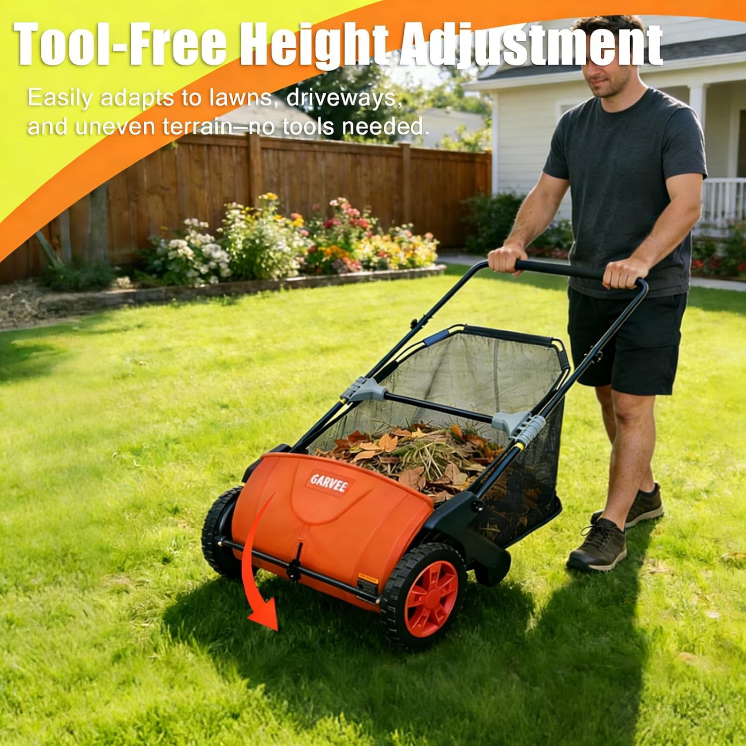 Push Lawn Sweeper 21-Inch Manual, Leaf Sweeper for Yard & Lawn with 3.5 Cu. Ft. Hopper Bag, Height-Adjustable Brushes for Driveways & Grass, Space-Saving Foldable Design