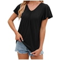 thumbnail image 1 of Camiseta de manga corta con cuello en V y pliegues para mujer, corte holgado, color liso, para uso informal o en la playa, 1 of 5
