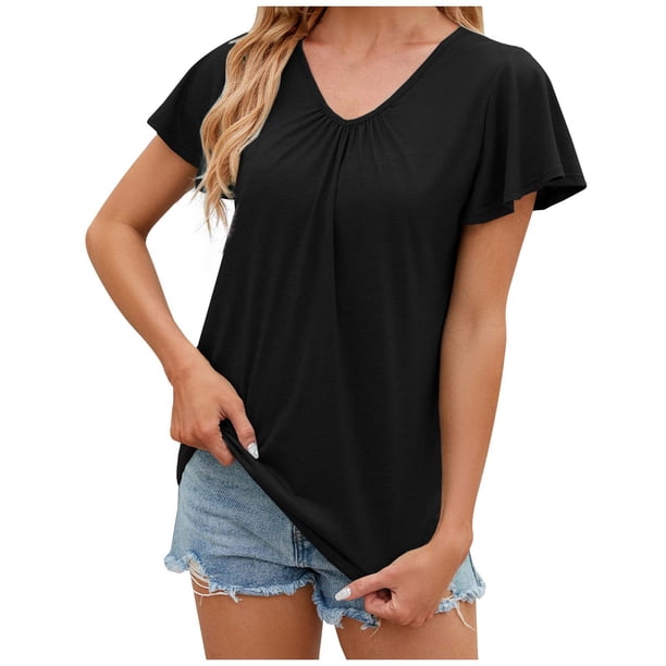 Camiseta de manga corta con cuello en V y pliegues para mujer, corte holgado, color liso, para uso informal o en la playa