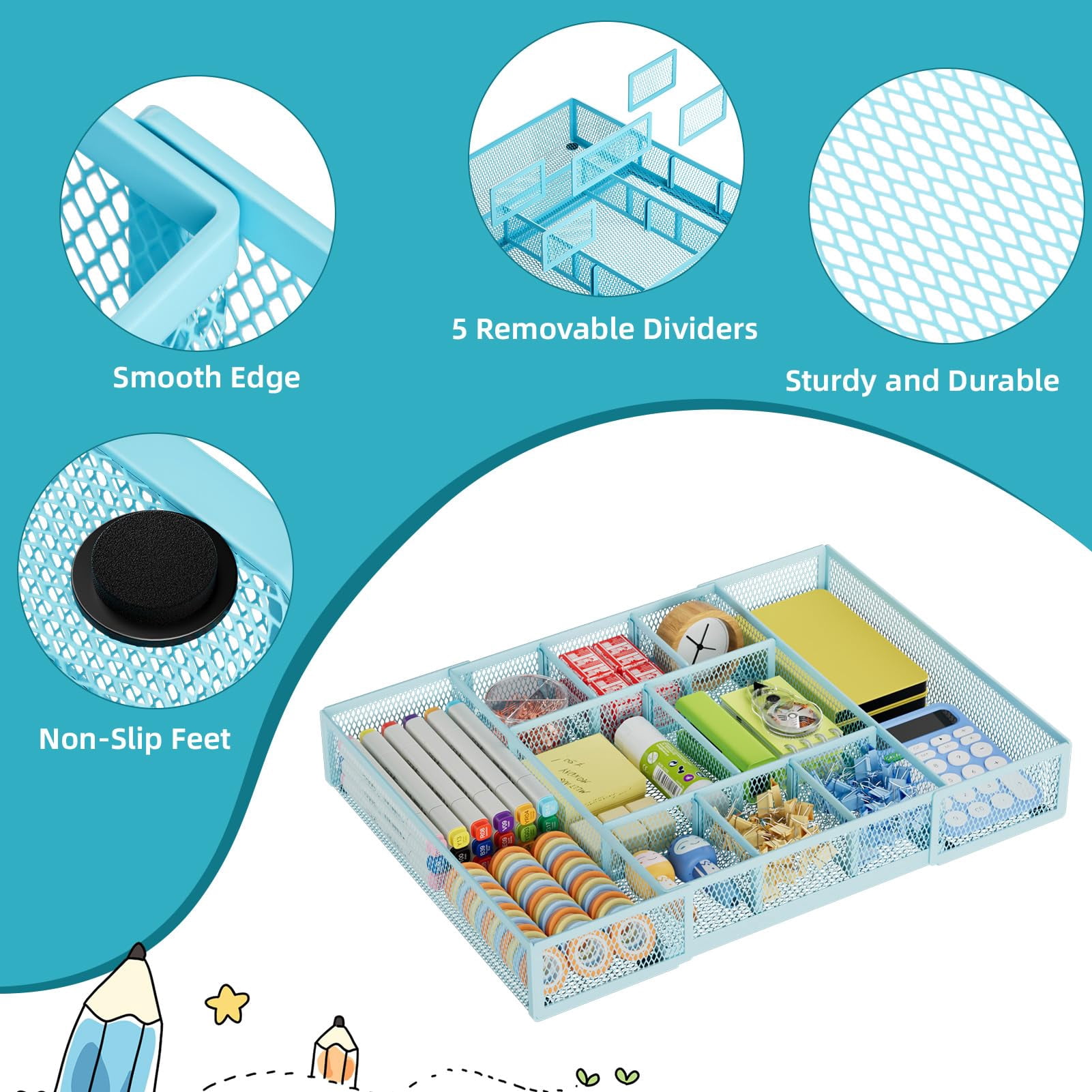 Expandable Desk Drawer Organizer  Mesh Tray With 10 Adjustable Compartments Organizers And Accessories For Office Supplies Makeup & Vanity (expandable-blue)