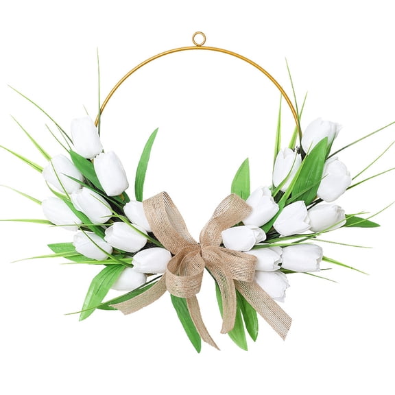 dajkiuy Tulip Wreath for Front Door, 16 Inch Spring Tulip Flower Wreath with Green Leaves for All Seasons Window Wall Wedding Holiday Party Mother's Day Decorations