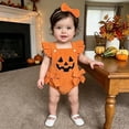 thumbnail image 2 of Byoo Newborn Girl's Halloween Bodysuit Corduroy Bow Accent Jack‑O‑Lantern Sleeveless Outfit Romper, Orange, 2 of 7