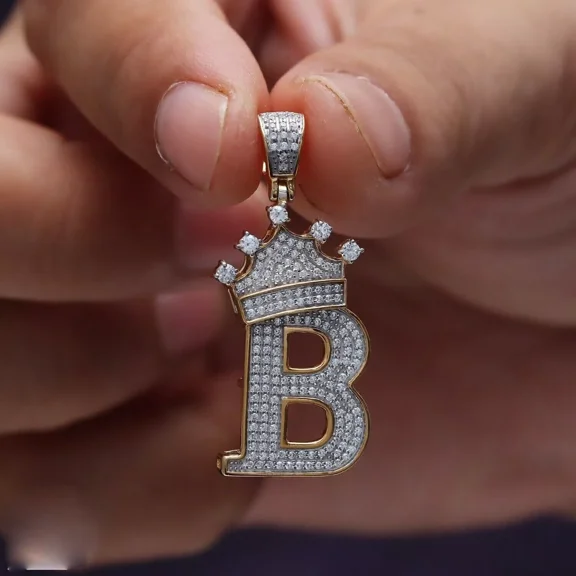 2.20Ct Round Moissanite Crown Letter Initial "B" Pendant 14K Yellow Gold Plated