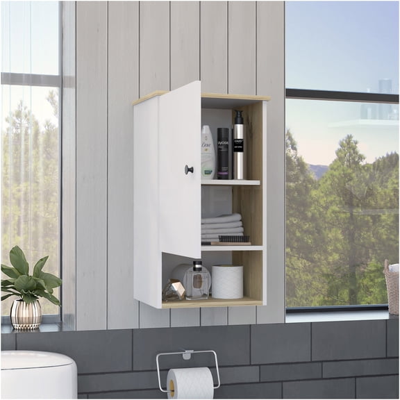 JERFIT 28" Single Door Bathroom Medicine Cabinet with Mirror, Soft Close Hinges, Adjustable Shelf, Wall Mounted Storage for Bath, Kitchen, Light Oak/White Finish