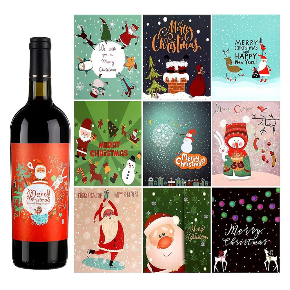 10 Pieces Christmas Wine Bottle Label Stickers, Waterproof Xmas Wine Bottle Label Stickers for Christmas Party Wine Decorations