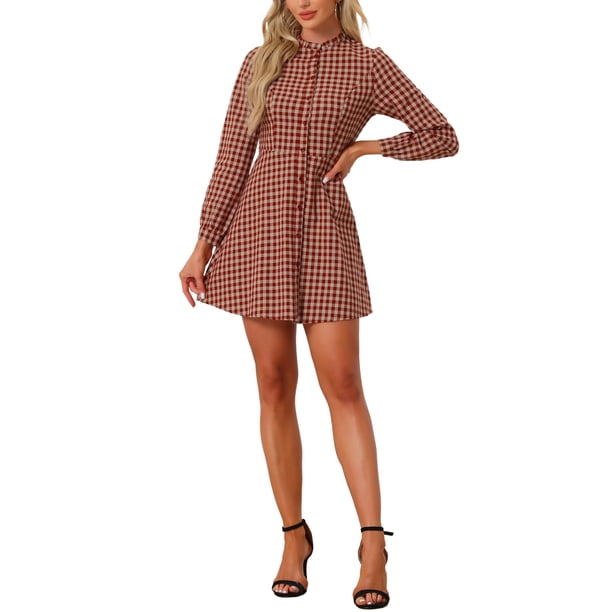 INSPIRE CHIC Vestido de Cuadros con Volantes y Cuello Mock para Mujeres, Botones, Mangas Largas, Color Beige y Rojo