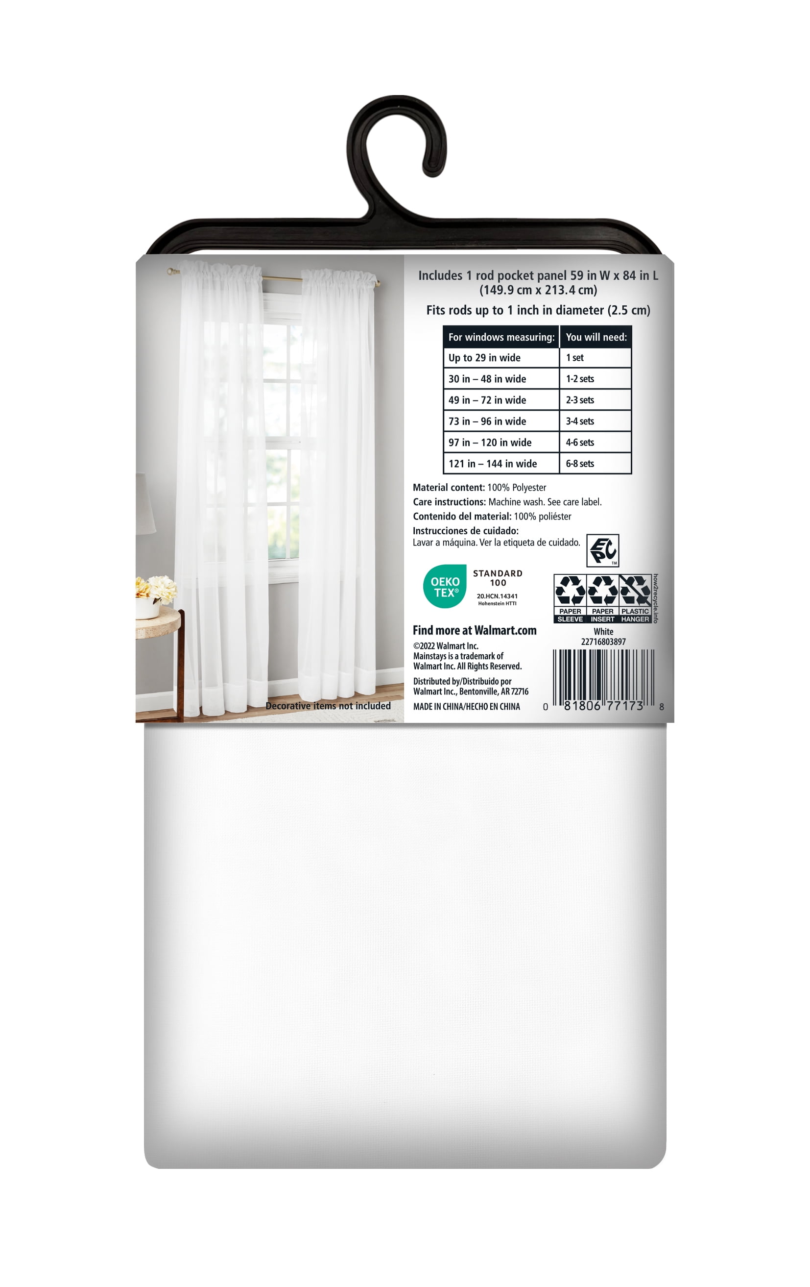Mainstays Marjorie Sheer Voile Curtain, Single Panel, White, 59" W x 84" L