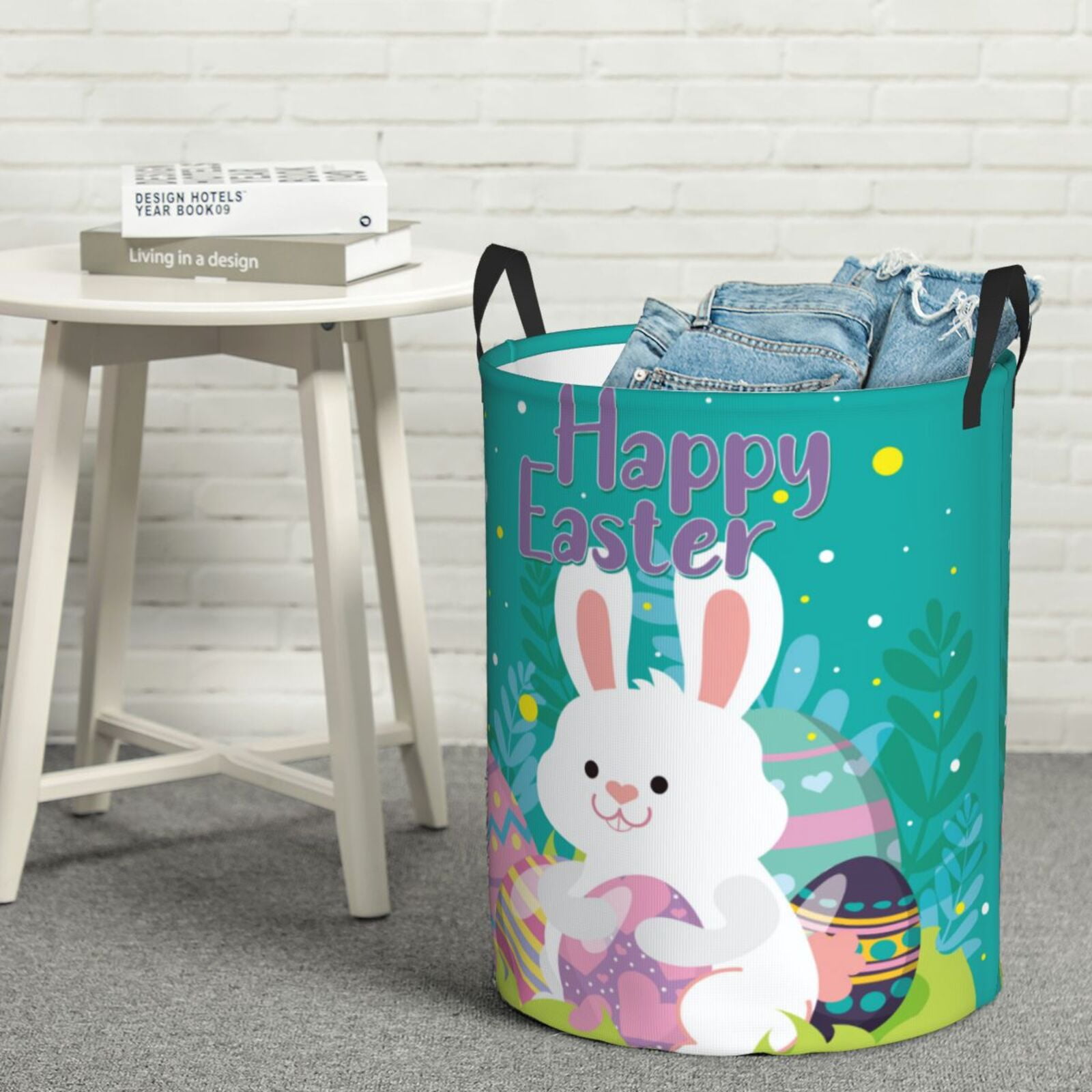 Gukieu Happy easter Print Round Dirty Clothes Bag, Waterproof Standing Home Bathroom Storage Basket Car Trunk Storage Bag-Small