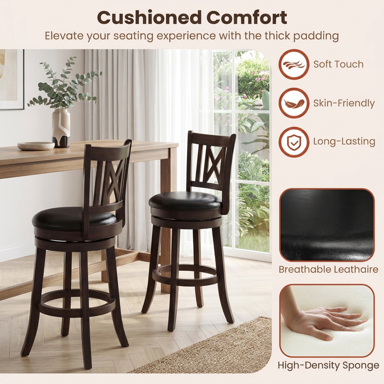Furnibear Set of 2 Bar Stools Swivel Bar Chairs with Hollowed Backrest and Footrest-26 inches for Kitchen Island Counter Bar Pub Dining Home, Taupe