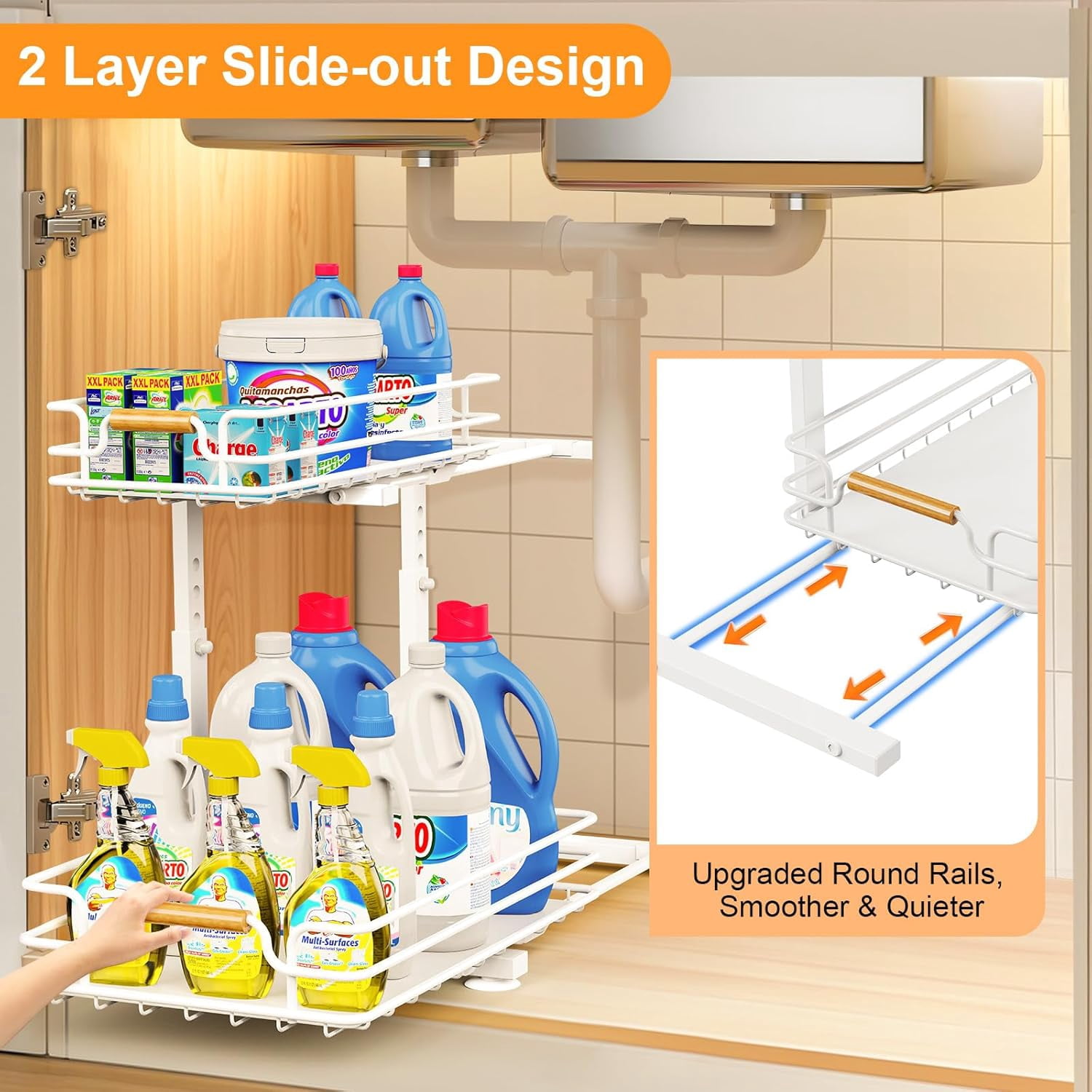 Under Sink Organizer, 2 Tier Pull out Under Kitchen Bathroom Sink Organizer and Storage, Metal Sliding Drawer for Cabinet Pantry Undersink Organizers Shelf (White, 2 Pack)