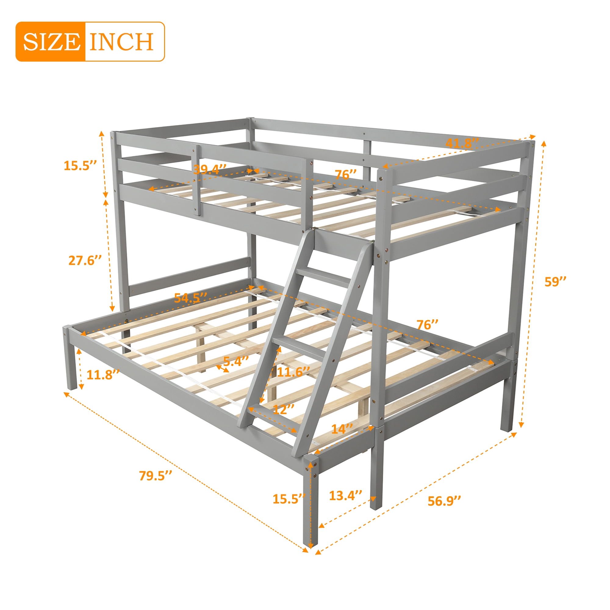 Lowestbest Solid Wood Twin-Over-Full Bunk Beds with Ladder, Gray Lowestbest Solid Wood Twin-Over-Full Bunk Beds with Ladder, Gray
