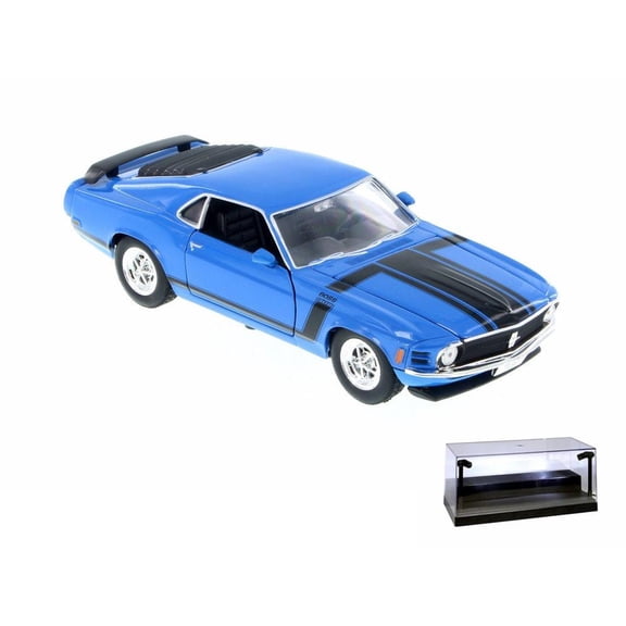Diecast Car w/LED Display Case - 1970 Ford Mustang Boss 302, Blue w/ Black - Welly 22088WBU - 1/24 Scale Diecast Model Toy Car