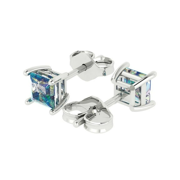 1.5 Ct Princess Cut Studs Blue Moissanite 14K White Solid Solid Gold Everyday Dainty Earrings Push Back