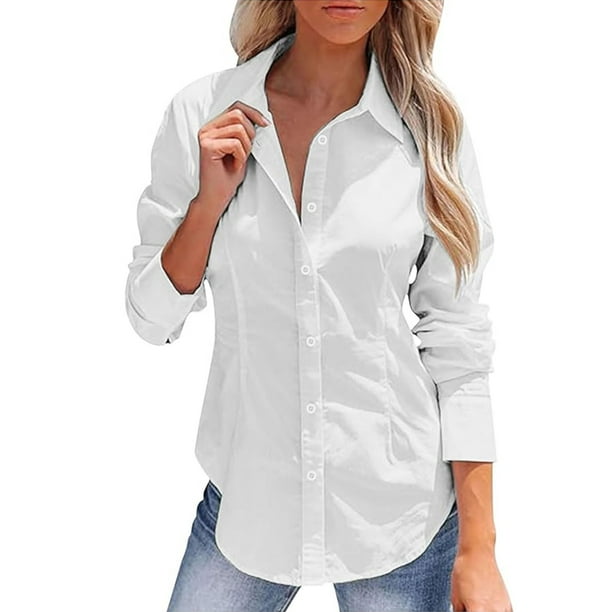Camisa de manga larga con solapa y botones de lino, corte ajustado y color liso, para mujer - Mezcla de poliéster y lino - Tallas S/M/L/XL/XXL