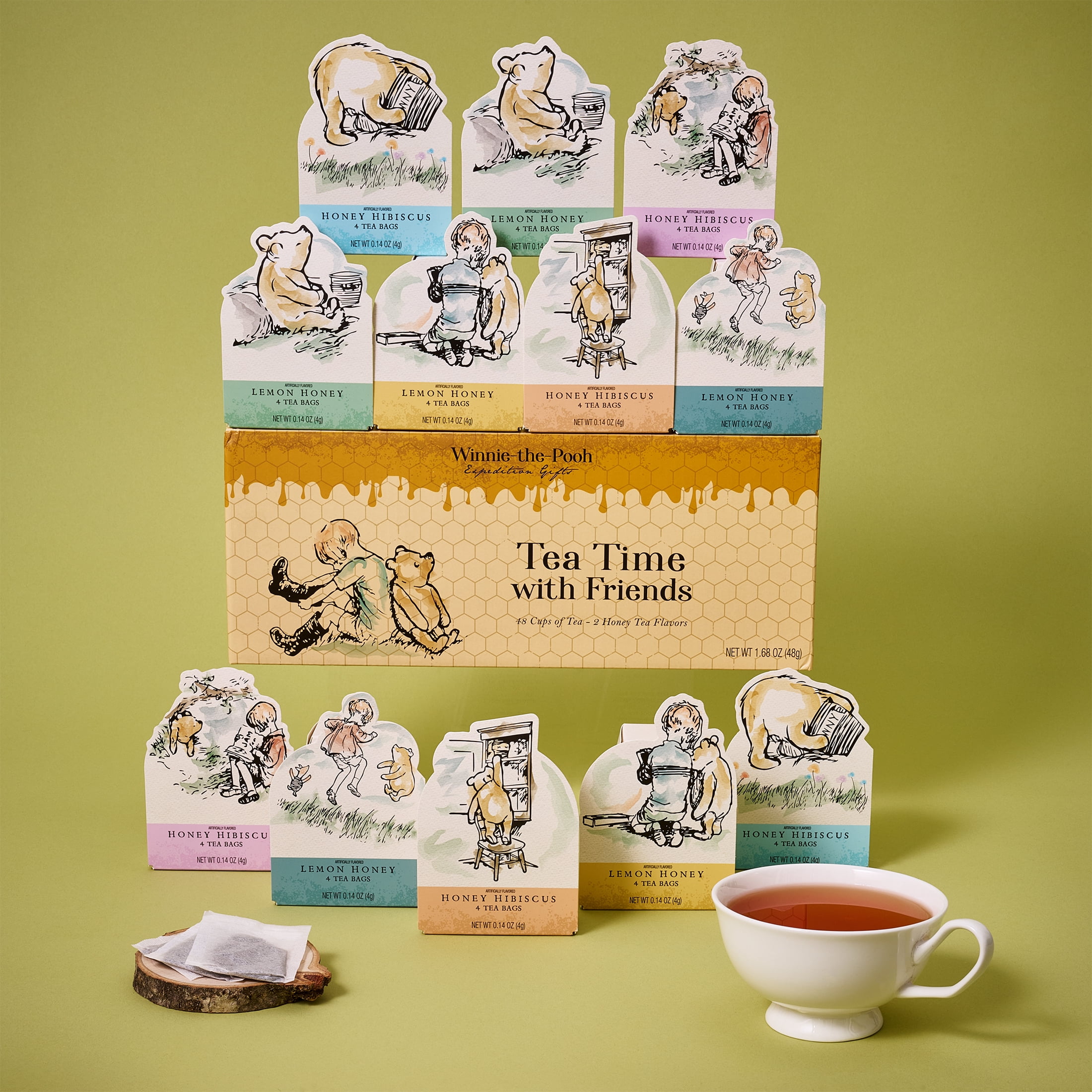 Thoughtfully Classic Winnie-the-Pooh Tea Gift Set, 12 Illustrated Character Boxes with Quotes, Lemon Honey & Honey Hibiscus, 48 Tea Bags Total
