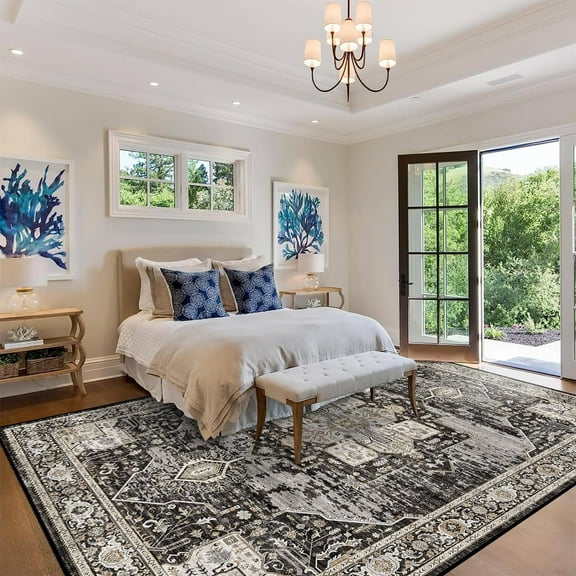 RUUGME Washable 9x12 Area Rugs - Large Rugs for Living Room Stain Resistant Carpet Vintage Rugs for Bedroom with Non Slip Backing Home Decor Floor Decoration Mat (9x12 Black)