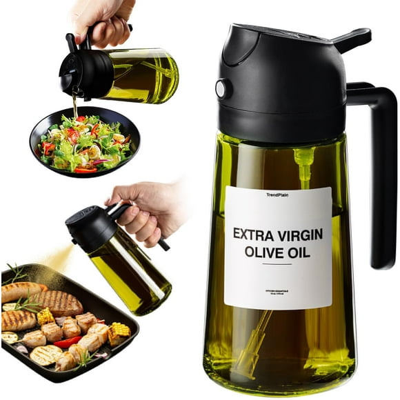 AIGIA Kitchen Glass Olive Oil Dispenser 2-in-1 Oil Bottle and Cooking Sprayer Auto Flip Cap 16oz Olive Green Light Blocking