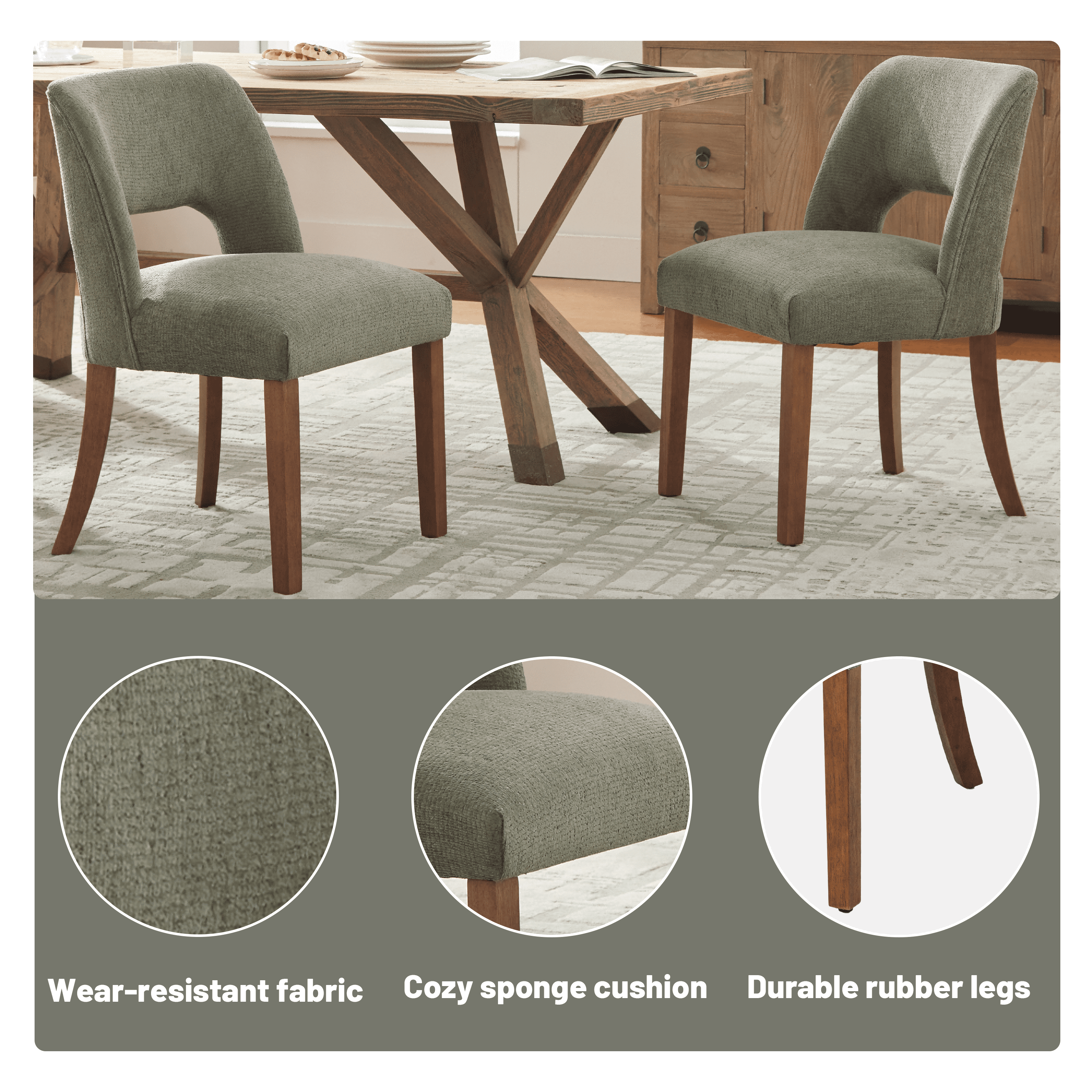 Vknow Furniture Set of 2 Chenille Dining Chairs, Mid-Century Modern Upholstered Kitchen Chairs with Cutout Back & Solid Wood Legs, Green