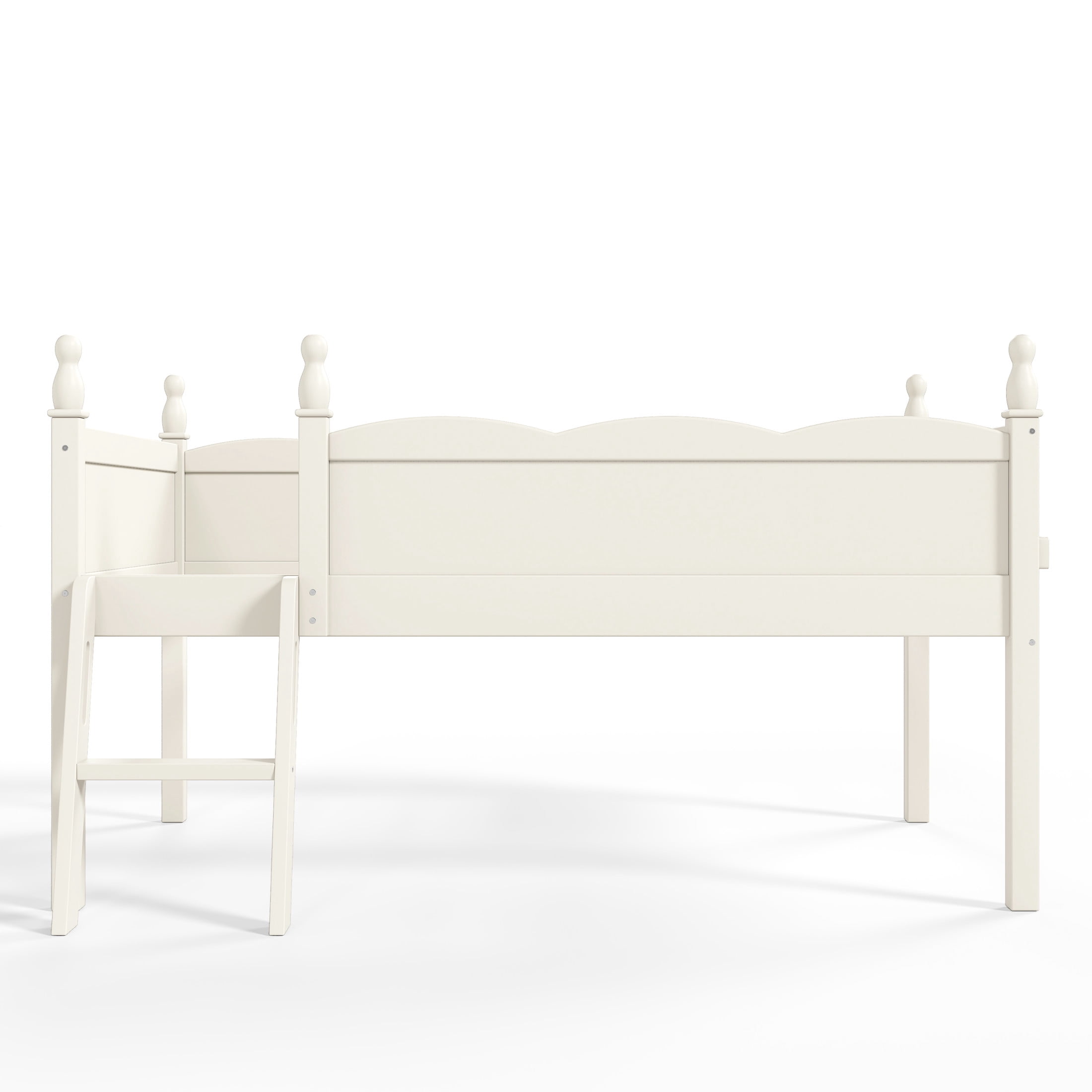 GDF Studio Twin Size Low Loft Bed with Guardrails, Ladder & Side Bookshelf, Chic Design, Beige