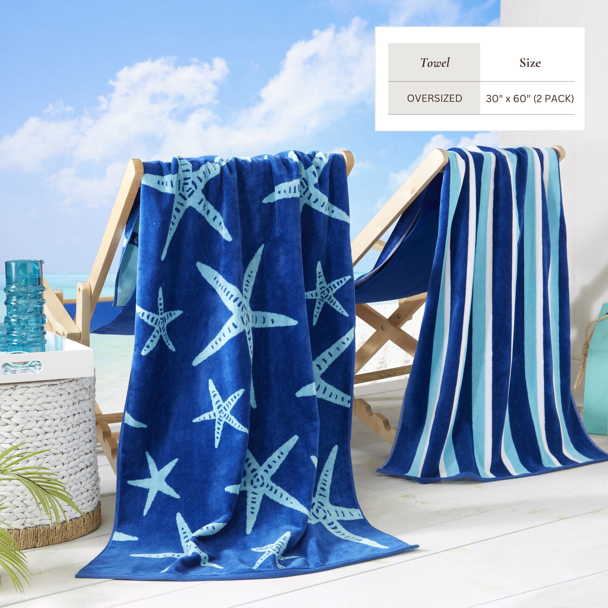 100% Cotton Jacquard 2 Pack 30" x 60" Printed Beach & Pool Towels (Navy/Royal Blue Starfish & Stripes, 2 Pack- 30" x 60")