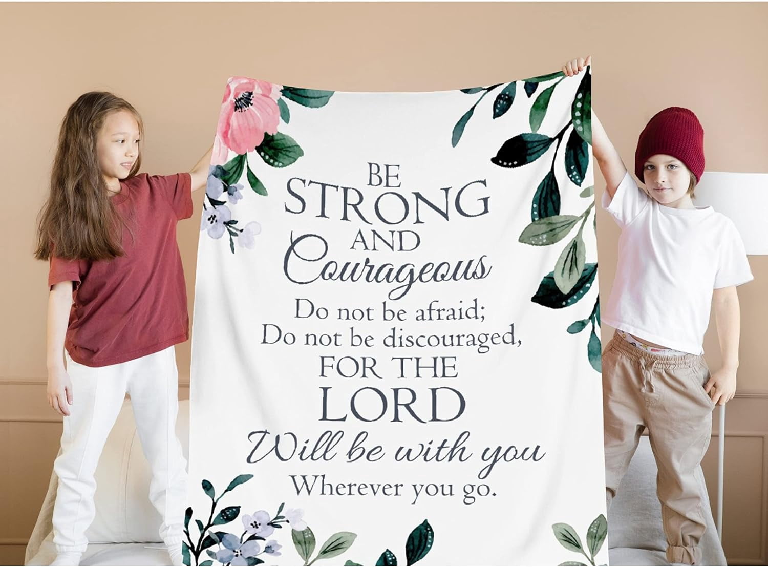 Prayer Blanket Throw with Scripture Bible Verse- Be Strong and Courageous Joshua 1:9, Religious Gift for Women Men Christian Spiritual Healing Blanket Home Bed Couch Teen Size 50"x60" Flower