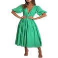 thumbnail image 2 of AMERTEER Femmes Profonde V Maxi Robe d'Été Casual Manches Courtes Plissée Taille Haute LongBeach Flowy Robes, 2 of 9