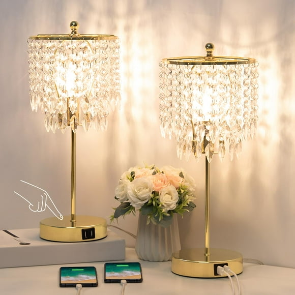 Lámpara de mesa Crystal Boncoo, juego de 2 con puertos de carga USB