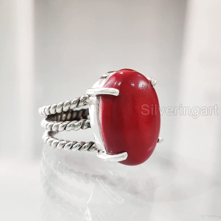 Natural Red Coral Ring, Woman's Coral Ring, Coral April Birthstone