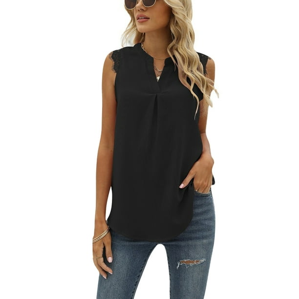 Txlixc - Camiseta sin mangas para mujer, color sólido para adultos, con ribete de encaje, sin mangas, con cuello en V, chaleco suelto Txlixc Moda