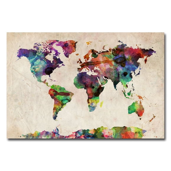 Carte du Monde Aquarelle Urbaine par Michael Tompsett, Art Mural sur Toile 16x24 Pouces