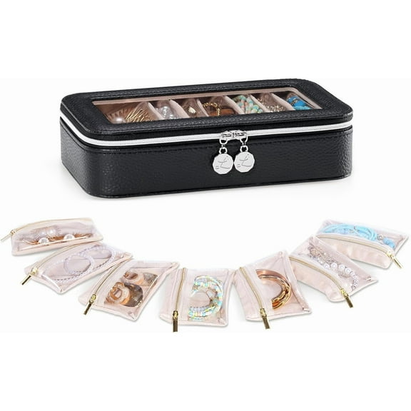Lolalet 8 in 1 Travel Jewelry Case with Velvet Pouches, Clear Window Travel Jewelry Organizer Bags - Black, 7PCS