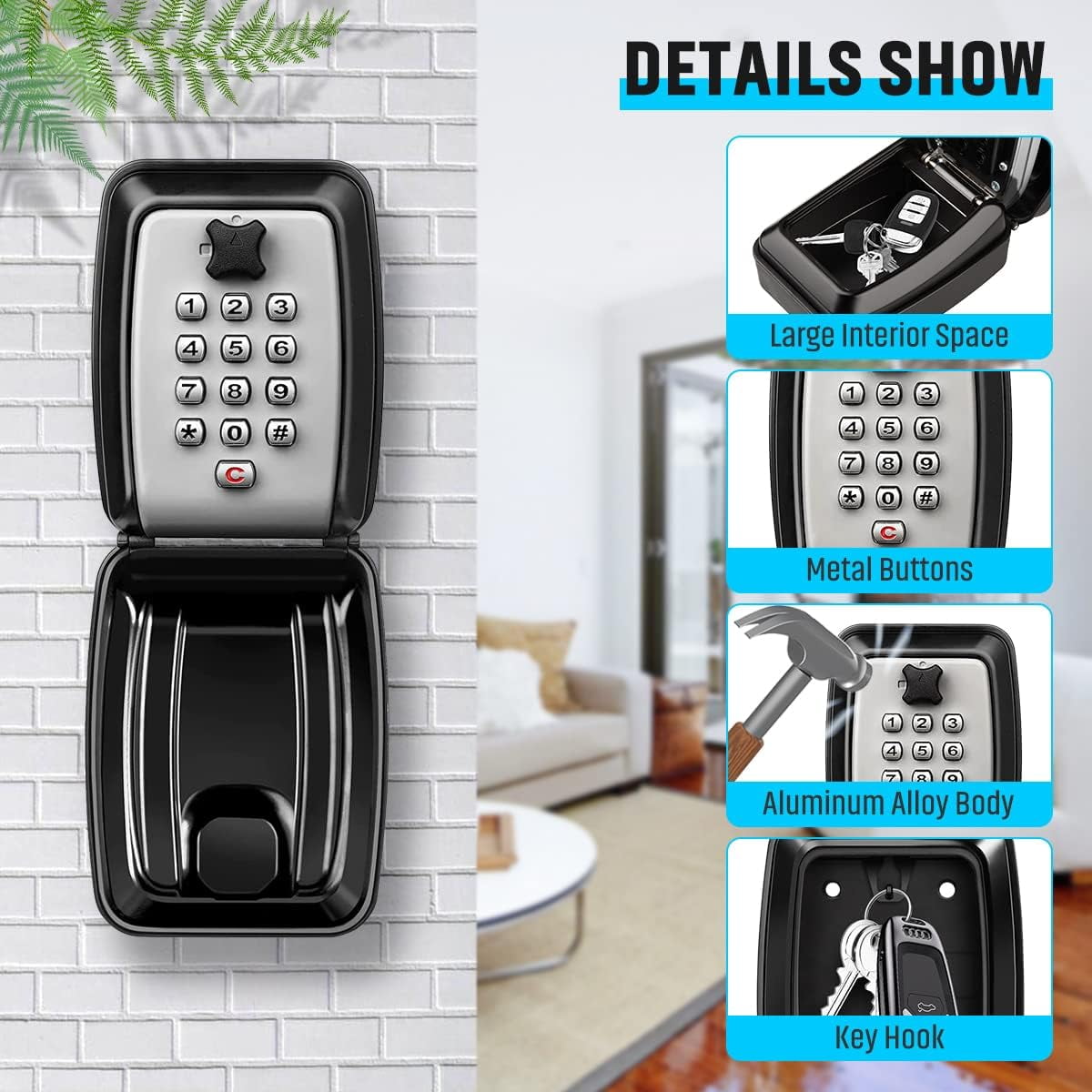 Key Lock Box for Outside, Waterproof Wall Mount Key Lock Box for House Key, 12-Digit Combination Resettable Large Capacity Security Lockbox for Home, Garage, Office, Gray