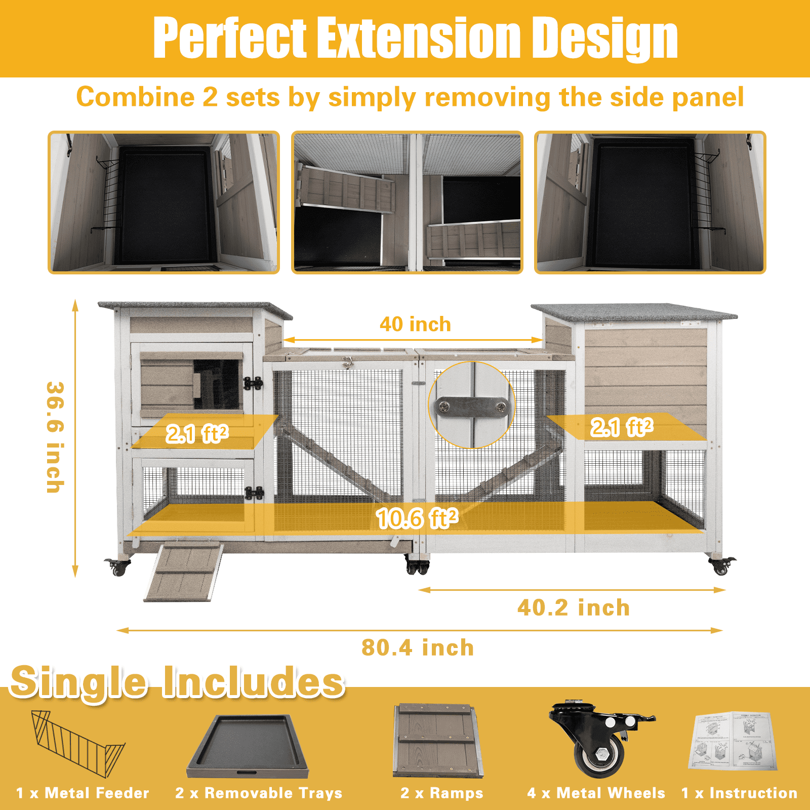 Gowoodhut Rabbit Hutch Indoor Large 2-Story Outdoor Wooden Bunny Hutch with Run on Wheels, Gray