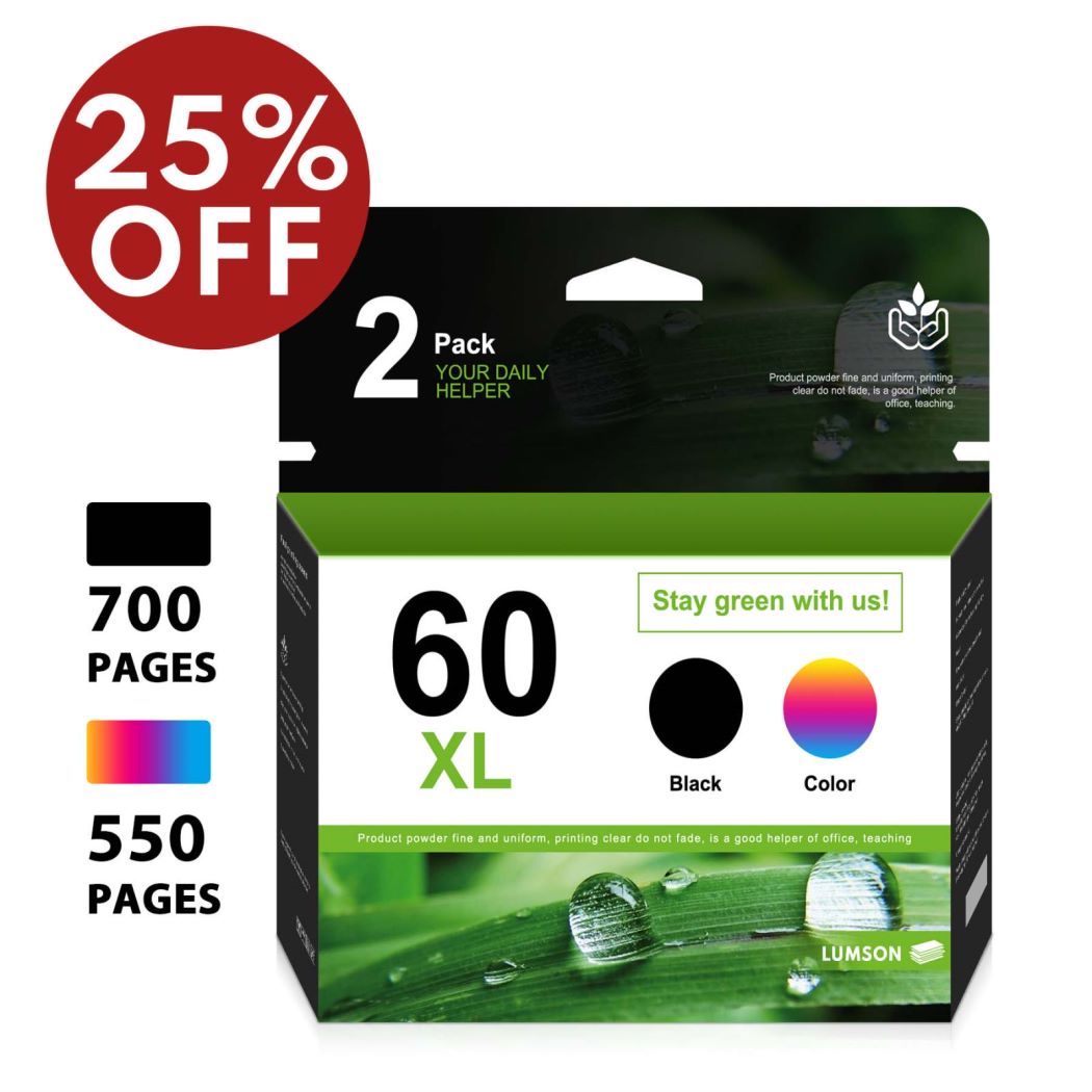 60XL 2 Ink Black and Color Combo Pack Replacement for HP PhotoSmart
