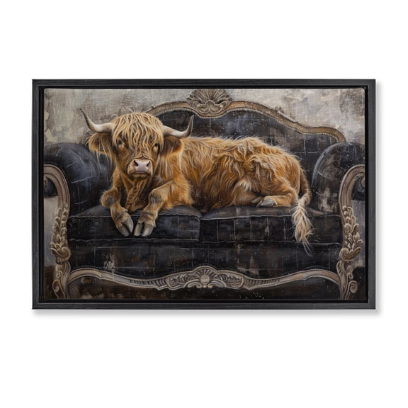 Stupell Industries Cozy Couch Highland Cow Black Framed Floater Canvas Wall Art, design by Tina LeCour