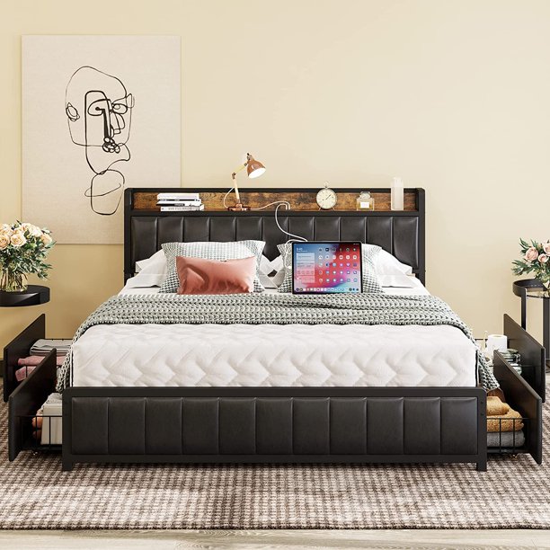 ANCTOR Queen Bed Frame with Storage Drawers Headboard & Footboard