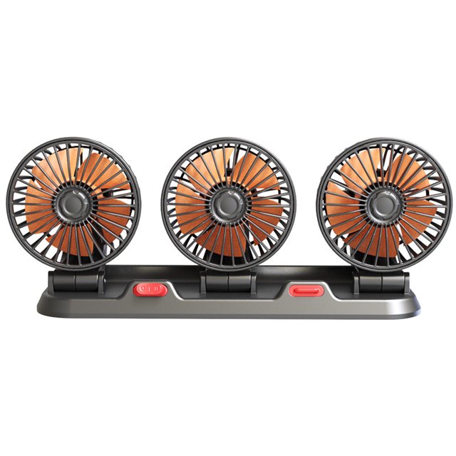 3-Head 24V Car Cooling Fan with 16W Powerful Airflow, 360° Adjustable Rotation, 2-Speed Settings, Low Noise Operation, Hidden Aromatherapy Box & Parking Number Plate - Black ABS Material, 130cm Power